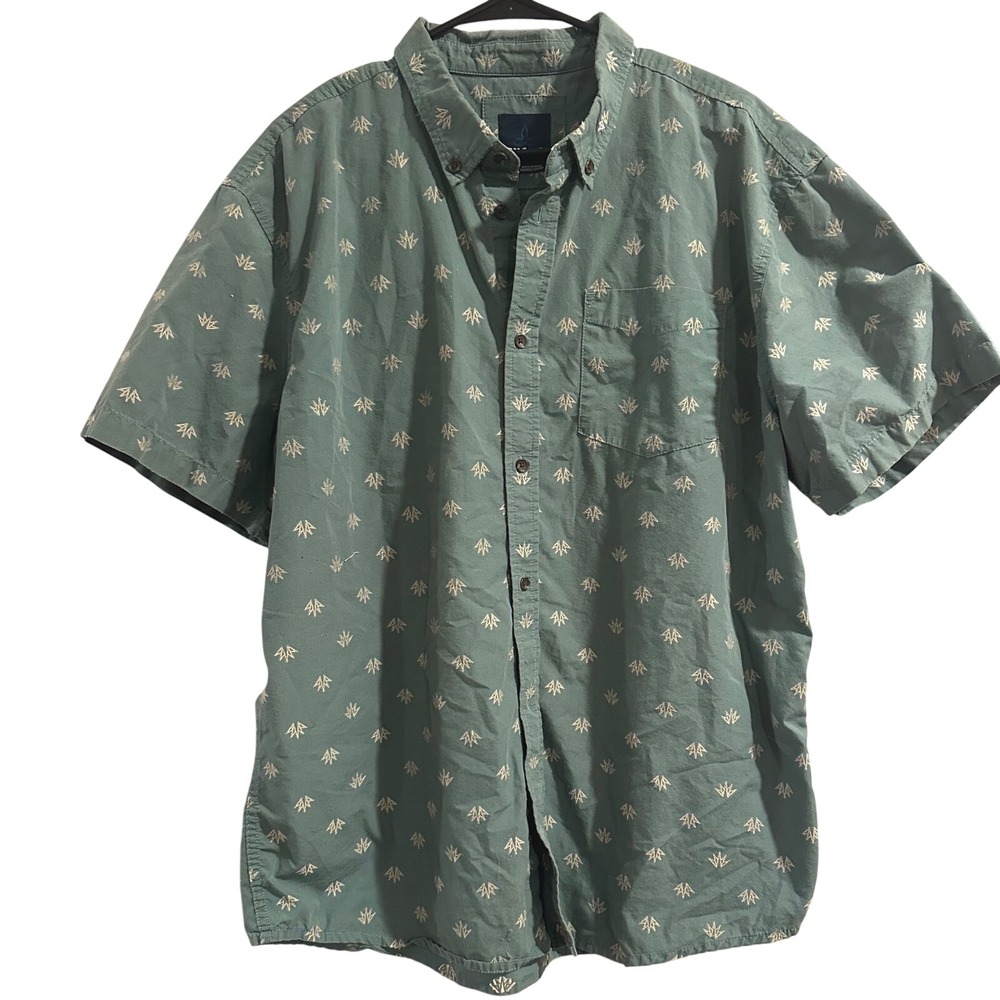 Prana Mens XL Short Sleeve Button Down Shirt Teal Geometric Print Cotton Blend